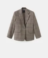 Blazer de corte sastrero con diseño a cuadros, confeccionado en una mezcla de lana, viscosa, poliéster y elastano. Presenta solapas clásicas, cierre frontal con un botón y bolsillos laterales con solapa.