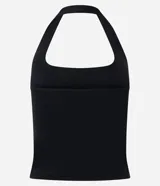 Blusa frente única de microfibra color beige, con escote cuadrado y breteles que se ajustan al cuello. Diseño sin mangas y espalda descubierta.