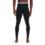 Calza térmica Under Armour negra con logo blanco en la pierna izquierda y cintura elástica con la marca Under Armour estampada en blanco.