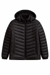 Campera puffer negra con capucha, cierre frontal completo y bolsillos laterales con cierre. Diseño acolchado con costuras horizontales.