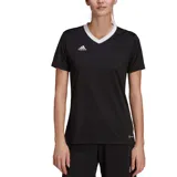 Remera deportiva Adidas de mujer, color negro con cuello en V blanco y logo de la marca en el pecho.