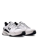 Championes deportivos Under Armour Charged Edge, diseñados para entrenamiento. Presentan una combinación de colores blanco y negro, con parte superior de malla transpirable, superposiciones de cuero y material sintético, entresuela Charged Cushioning para mayor respuesta y plantilla Ortholite para mayor comodidad.