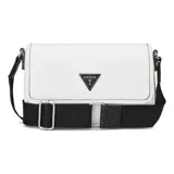 Cartera tipo bandolera Guess modelo Viviette, de color blanco con textura grabada con el logo de la marca. Presenta una solapa frontal con el logo triangular metálico distintivo y una correa ajustable de tela negra con detalles de marca. Cuenta con herrajes plateados y un diseño estructurado.