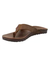 Sandalias de cuero marrón para hombre, estilo ojota, con tiras anchas combinadas en cuero y poliéster, plantilla acolchada y suela de EVA con diseño grabado de la marca RKF en el talón.