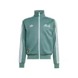 Campera deportiva Adidas con cierre frontal, cuello alto, mangas largas con las icónicas tres tiras blancas y puños elásticos. Presenta el logo de Adidas en el pecho derecho, la palabra 'Bob' bordada en el pecho izquierdo y un parche conmemorativo en la parte inferior derecha.