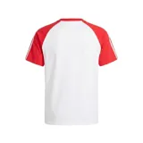 Remera de fútbol Adidas Originals del Club Atlético River Plate, color blanco con mangas raglán rojas y las icónicas tres tiras de la marca en los hombros. Presenta cuello redondo, el logo del trébol de Adidas en el pecho derecho y el escudo del club en el pecho izquierdo.