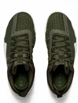 Championes de entrenamiento Under Armour TriBase Reign 6, color verde oliva con suela blanca. Presentan tecnología UA WARP en la parte superior para mayor sujeción, mediasuela de doble densidad y tecnología UA TriBase para maximizar el contacto con el suelo y la estabilidad durante ejercicios de levantamiento y movimientos dinámicos.