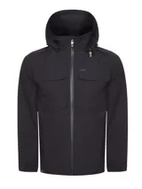 Campera cortaviento impermeable de color azul navy, con capucha desmontable, cierre frontal completo y bolsillos delanteros con solapa. Presenta tecnología de secado rápido, aislamiento térmico y protección contra el viento.