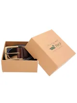 Cinturón de cuero marrón con diseño pampa bordado en hilo azul, beige y marrón. Hebilla metálica rectangular color bronce.