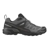 Championes de trekking Salomon X Ultra 360, de color negro y gris, con sistema de ajuste rápido de cordones Quicklace, suela Contagrip y tecnología Advanced Chassis para mayor estabilidad y protección en senderismo.