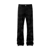 Pantalón de denim negro con acabado encerado, corte acampanado y diseño decorado con rombos formados por pedrería brillante en toda la superficie.