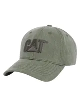 Gorro tipo gorra de Caterpillar, color verde oliva con efecto desgastado. Presenta el logo de la marca bordado en relieve en la parte frontal y visera curva.