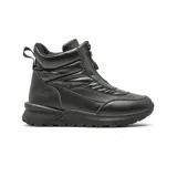 Bota casual de caña media con diseño híbrido que combina cuero sintético en la base y puntera con paneles acolchados tipo puffer en la parte superior. Presenta cierre frontal con cremallera, suela de plataforma dentada y tirador en el talón.
