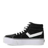 Championes tipo bota de lona negra con plataforma blanca, cordones blancos y detalle de logo lateral en blanco.