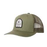 Gorra tipo trucker color verde oliva, con frente de lona de algodón y parte trasera de malla. Presenta un parche frontal con diseño gráfico de palmera y texto, y cierre ajustable en la parte posterior.