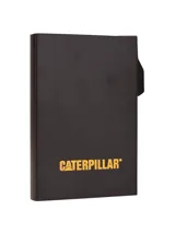 Billetera rígida de aluminio color negro, con sistema de extracción automática de tarjetas y el logotipo de Caterpillar en el frente.