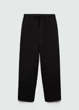 Pantalon de lino color negro, de corte recto y diseño holgado. Cuenta con cintura elástica con cordón ajustable y bolsillos laterales.