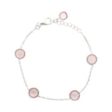 Pulsera de plata 925 con cadena de eslabones y cinco dijes circulares de cuarzo rosado.