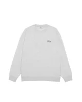 Buzo de cuello redondo en color gris jaspeado, con diseño de calce holgado y logo de la marca bordado en tipografía cursiva sobre el pecho.
