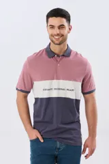 Remera polo de manga corta con diseño en bloques de color en tonos azul marino, blanco y verde militar, con bordado frontal y cierre de botones.