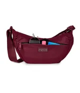 Bolso tipo bandolera Jansport, diseño curvo en color bordó, con correa ajustable y bolsillo frontal con cierre.