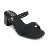 Sandalias de fiesta negras con taco cuadrado de 6 cm, tira frontal ancha con brillo y tiras finas ajustables para el talón.