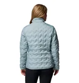 Campera puffer Columbia modelo Delta Ridge II, color azul claro, con tecnología térmica reflectante Omni-Heat y construcción HeatSeal sin costuras. Cuenta con cierre frontal, cuello alto con protector de barbilla y bolsillos laterales con cierre.