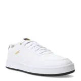 Championes Puma Court Classic blancos de cuero sintético, con detalles en verde y dorado.