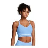 Top deportivo de bajo impacto Under Armour, color celeste, con diseño sin costuras, escote en V y banda elástica inferior con el logo de la marca estampado en blanco. Presenta tirantes finos ajustables con diseño de espalda cruzada.