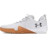 Championes Under Armour TriBase Reign 6 para hombre, color blanco con suela marrón. Diseñados para entrenamiento, con tres puntos de contacto con el suelo y parte superior segura.