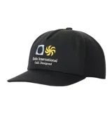 Gorra Katin de visera curva, color negro, con diseño bordado en el frente que incluye texto y gráficos en tonos blanco, celeste y amarillo.