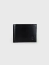 Billetera de cuero color negro, de diseño clásico y formato plegable, con compartimento interno para billetes, ranuras para tarjetas y solapa con doble visor.