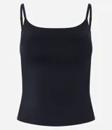 Camisete negro de microfibra con copa estructurada, escote recto y breteles finos regulables.