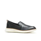 Mocasín de cuero negro con suela de goma blanca y detalle de costuras reforzadas en la parte superior.