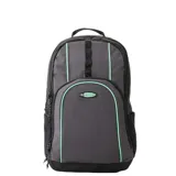 Mochila Rip Curl Trippin de 20 litros, color gris con detalles en verde menta y negro. Cuenta con múltiples compartimentos, bolsillos laterales de red y asa superior.