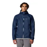 Campera impermeable Columbia modelo Evapouration II, color azul marino, con capucha ajustable, cierre frontal completo y ventilación en las axilas. Cuenta con tecnología Omni-Tech, puños ajustables y dobladillo posterior más largo para mayor protección.