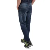Pantalón jean de corte recto para hombre, en tono azul oscuro con efecto desteñido y costuras en contraste.
