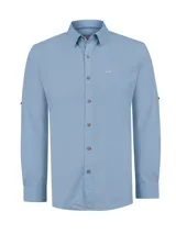Camisa de manga larga para hombre RKF modelo Galiton, en color azul, con botones frontales, bolsillo en el pecho con logo bordado y cuello con botones.