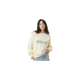 Buzo oversize color beige de cuello redondo, confeccionado en algodón, con estampa frontal texturizada en tono gris y la frase "LISTEN TO YOUR FEELINGS, FEEL THE YOUTH".