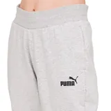 Pantalón deportivo Puma de mujer, color gris melange, con puños ajustados en los tobillos y cintura elástica. Presenta el logo de Puma bordado en negro en la pierna izquierda.