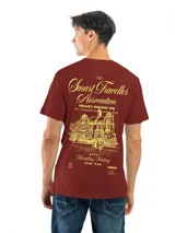 Remera de algodón preencogido color azul oscuro, con cuello en V y estampado frontal en blanco con la palabra "Morgenstern" en tipografía gótica.