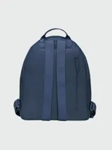 Mochila azul de cuero Longchamp con cierre superior y bolsillo frontal con cierre.