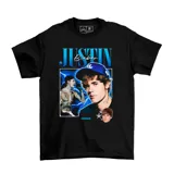 Remera negra de algodón con estampado estilo vintage bootleg de Justin Bieber, que incluye múltiples fotografías del artista, efectos de rayos azules y estrellas.