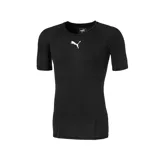Remera térmica deportiva Puma teamLIGA Baselayer de manga corta, color negro, con diseño ajustado y logo de la marca estampado en blanco en el pecho.