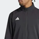 Campera deportiva Adidas Adizero Essentials de color negro, con cierre frontal completo, cuello alto y bolsillos laterales con cierre.