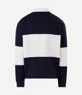 Buzo masculino confeccionado en algodón con felpa y diseño de bloques rayados en color azul marino y blanco. Presenta cuello polo, cierre frontal parcial con botones, manga larga y estampa frontal con íconos y texto.