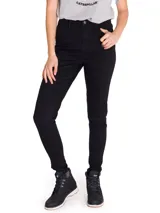 Pantalón jean negro de tiro alto y corte ajustado, con diseño clásico de cinco bolsillos y cierre frontal de cremallera y botón.