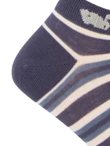 Medias cortas de fibra de bambú RKF con diseño de rayas horizontales en tonos azul marino, celeste y beige. Presentan detalle de la marca en la puntera y un pequeño logo bordado de pato en el tobillo.