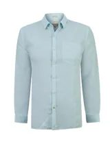 Camisa de manga larga RKF modelo Linentext, color celeste, confeccionada en lino. Cuenta con cuello camisero, cierre frontal de botones, un bolsillo aplicado en el pecho y puños ajustables con botón.