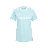 Camiseta de fútbol Adidas de la tercera equipación del Inter Miami CF, temporada 24/25. Diseño celeste con rayas verticales en relieve, detalles en naranja y logo del club bordado.